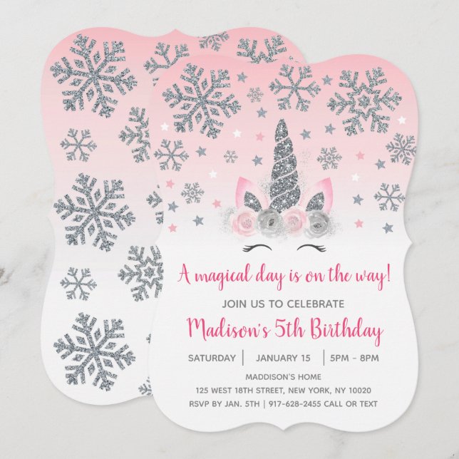 Pink & Silver Winter Unicorn Magical Birthday Invitation (Front/Back)