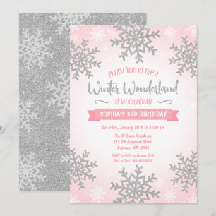 Pink Silver Winter Wonderland Girl Birthday Invitation