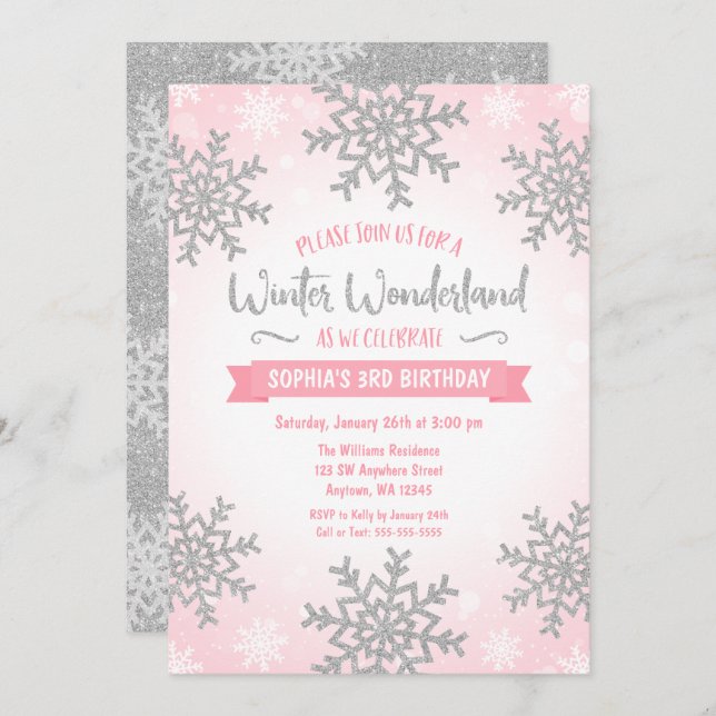 Pink Silver Winter Wonderland Girl Birthday Invitation (Front/Back)