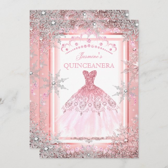 Pink Silver Winter Wonderland Quinceanera Party 2 Invitation (Front/Back)
