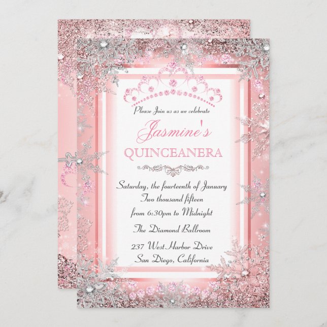 Pink Silver Winter Wonderland Quinceanera Party Invitation (Front/Back)