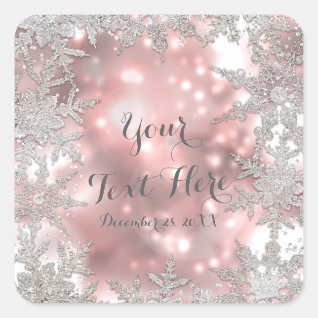 Pink Silver Winter Wonderland Snowflake Favour Square Sticker (Front)