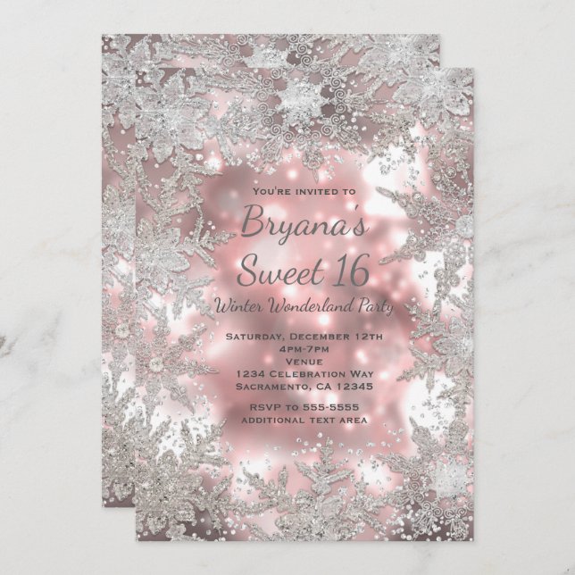 Pink Silver Winter Wonderland Snowflake Invitation (Front/Back)
