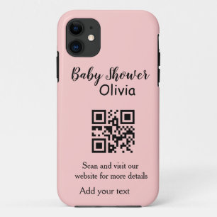Pink simple baby shower q r code add name text thr iPhone 11 case