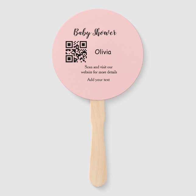 Pink simple baby shower q r code add name text thr hand fan (Front)