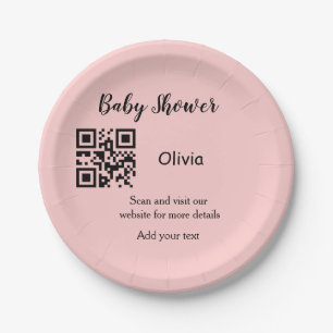 Pink simple baby shower q r code add name text thr paper plate