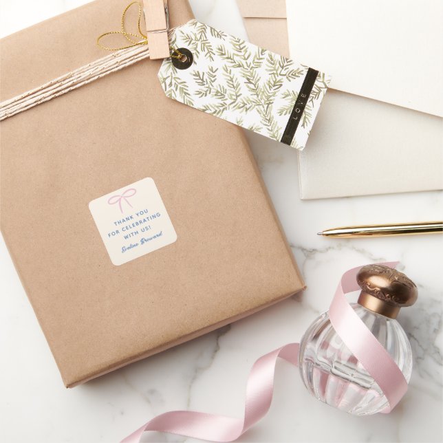 Pink Simple Bow Custom Message and Name Square Sticker (Gifting)