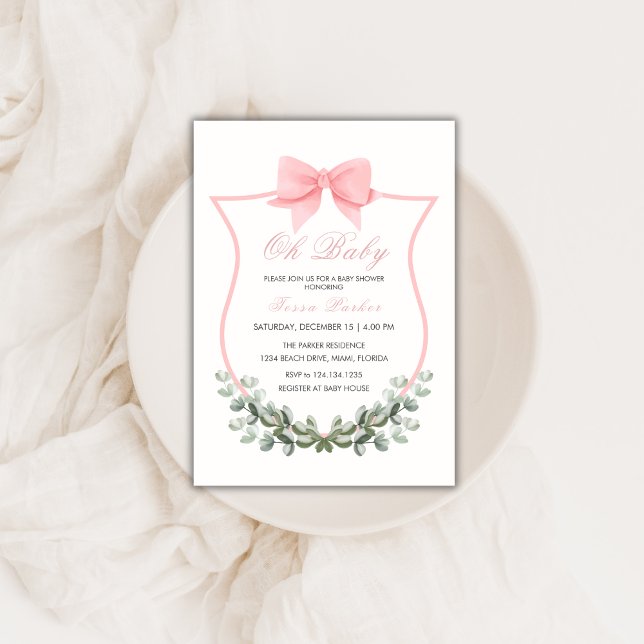 Pink Simple Bow Eucalyptus Crest Girl Baby Shower Invitation (Pink Simple Bow Eucalyptus Crest Girl Baby Shower Invitation)