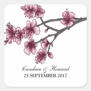 Pink Simple Cherry Blossoms Wedding Stickers