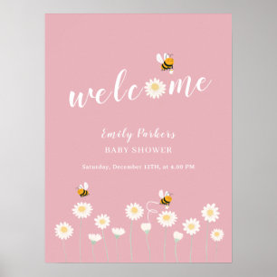 Pink Simple Daisy Bloom Baby Shower Welcome Sign 