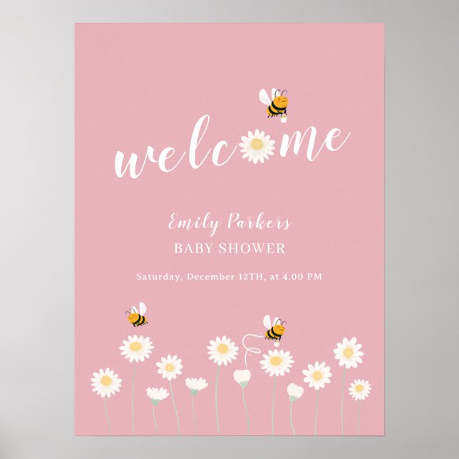 Pink Simple Daisy Bloom Baby Shower Welcome Sign  (Front)