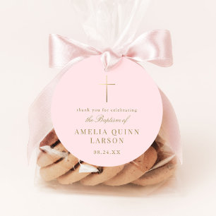 Pink Simple Elegant Gold Cross Baptism Christening Favour Tags