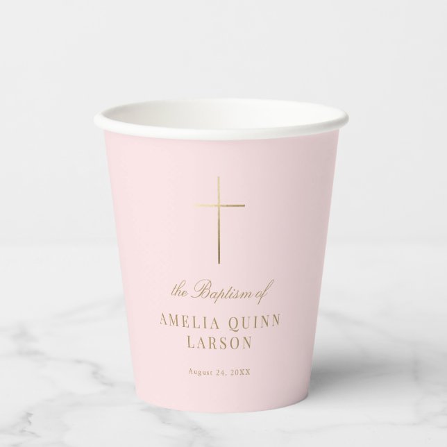 Pink Simple Elegant Gold Cross Baptism Christening Paper Cups (Front)