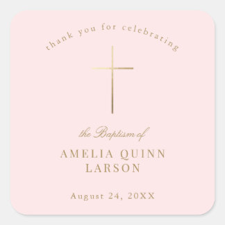 Pink Simple Elegant Gold Cross Baptism Christening Square Sticker