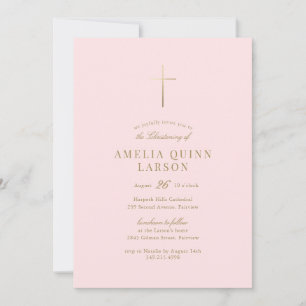 Pink Simple Elegant Gold Cross Christening Invitation