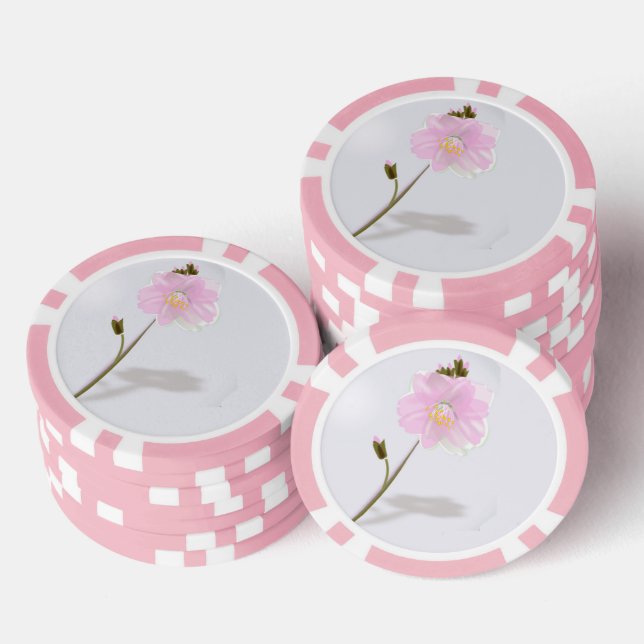 Pink simple flower on grey poker chips (Stack)