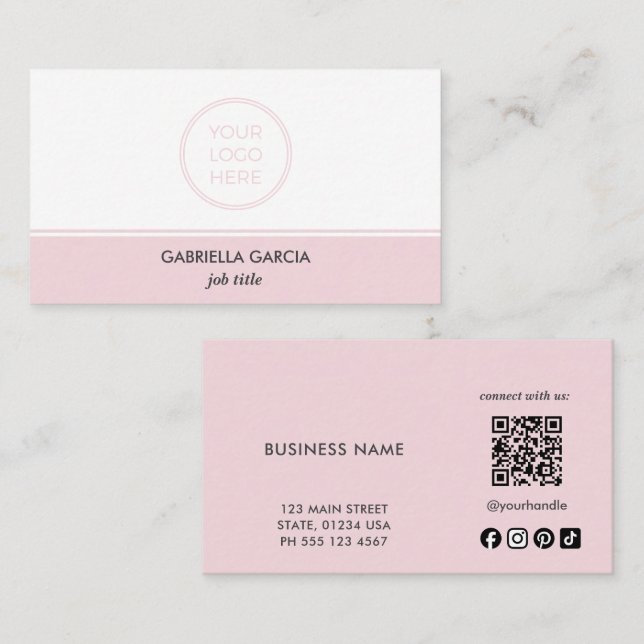 Pink Simple Logo QR Code Social Media Business Card (Front/Back)