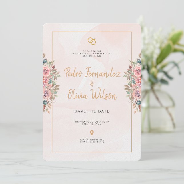 Pink Simple Minimalist Flowers Wedding Invitation (Standing Front)