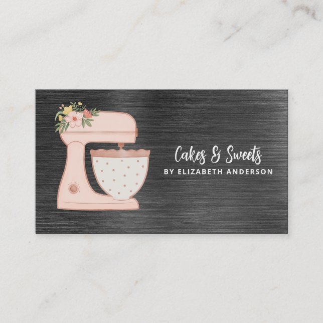 Pink Simple Mixer Floral Cake Bakery Business Card (Front)