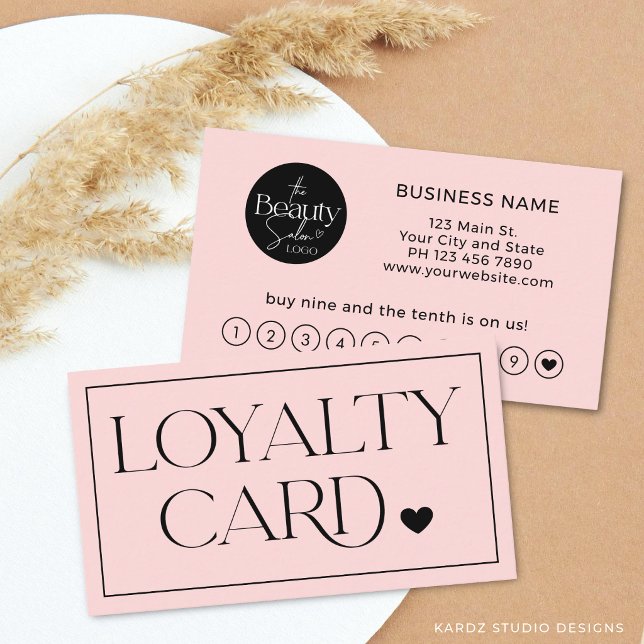 Pink Simple Modern Professional Loyalty Card (The front + back of the card are shown in standard size. Choose size, paper + corner style.)