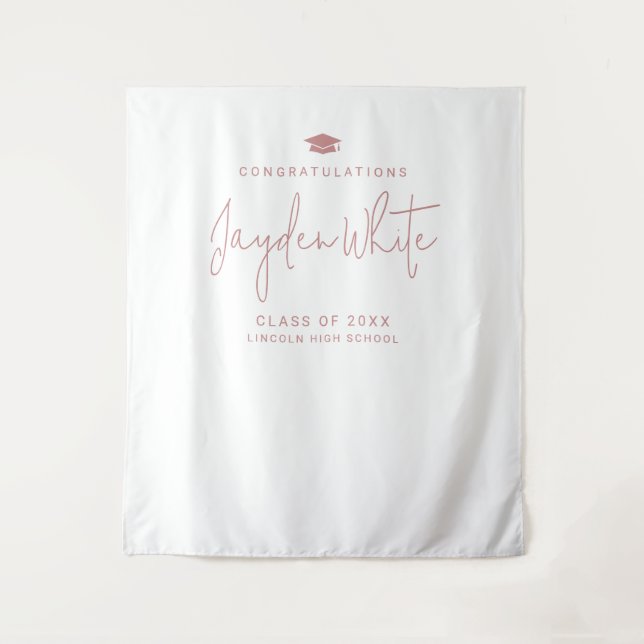 Pink Simple Modern Script Name Graduation Party Tapestry (Front)