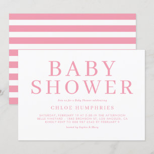 Pink Simple Typography Stripes Girl Baby Shower Invitation