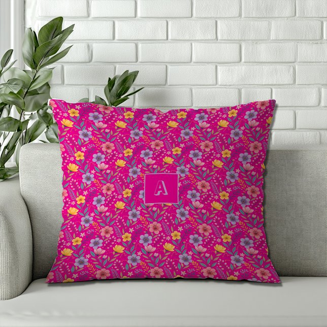 Pink simple wildflower pattern monogram cushion (Creator Uploaded)
