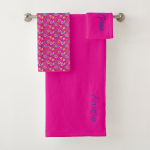 Pink simple wildflower pattern name bath towel set
