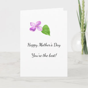 Pink single lilac flower and leaf watercolor card