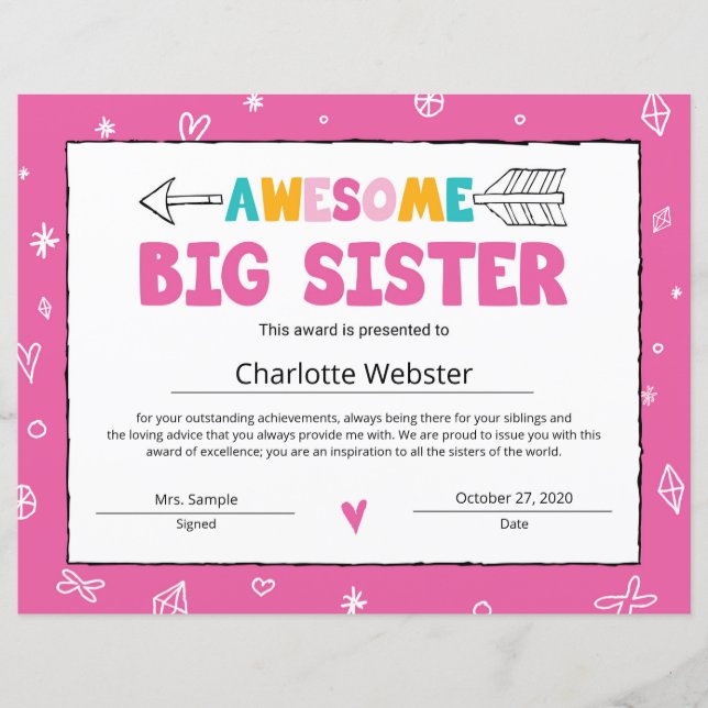 Pink Sister Certificate Big Sister Certificate (Front)
