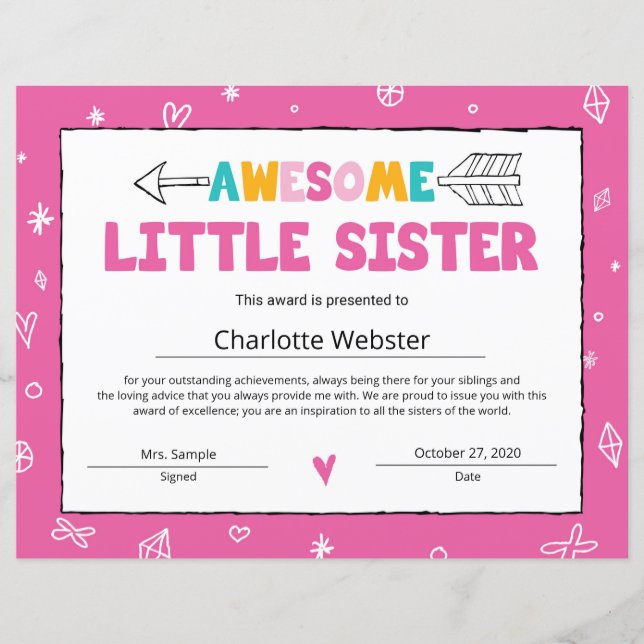 Pink Sister Certificate Little Sister Certificate (Front)