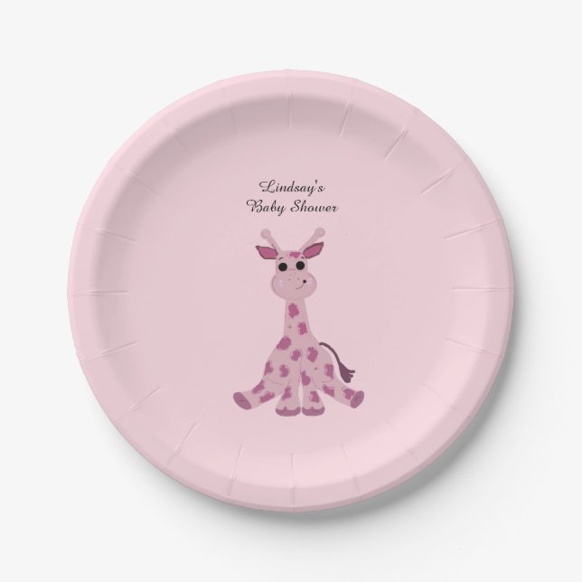 Pink Sitting Giraffe Baby Shower Paper Plate (Front)