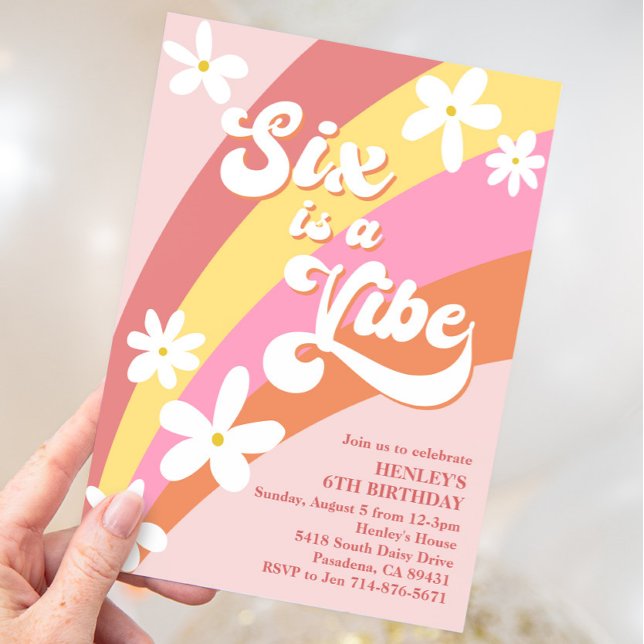 Pink Six Is a Vibe Retro Daisies Rainbow Birthday Invitation (Creator Uploaded)
