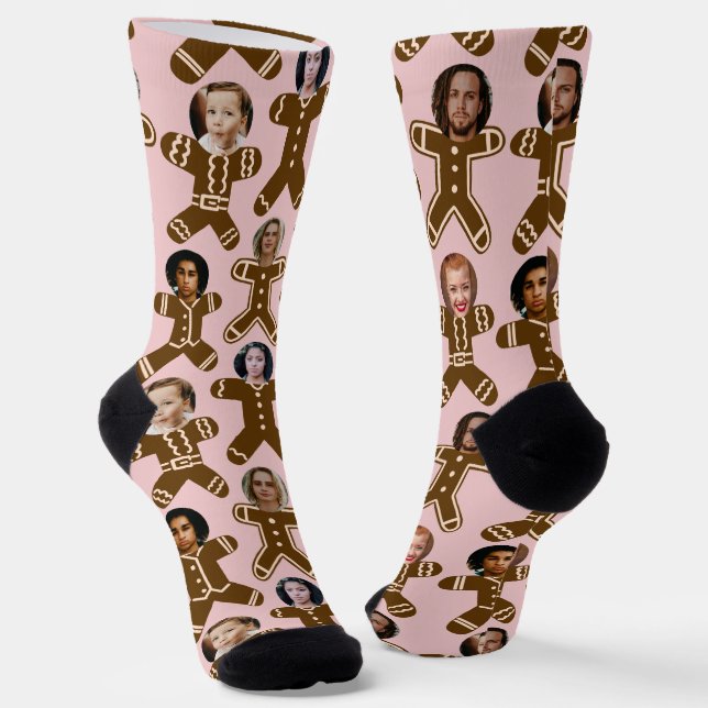 Pink Six Photo Gingerbread People Holiday Socks (Angled)