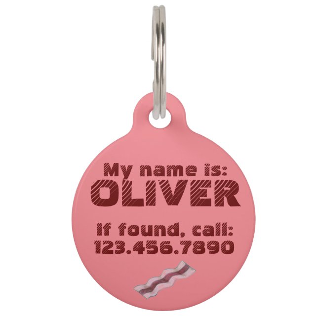 Pink Sizzling Bacon Strips Breakfast Dog Pet Tag (Front)