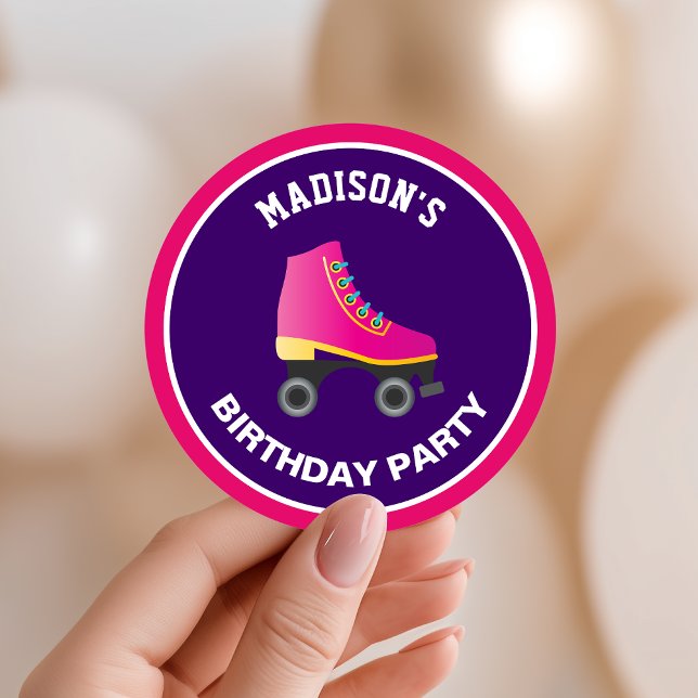 Pink Skate Roller Skating Birthday Party Favour Classic Round Sticker (Creator Uploaded)
