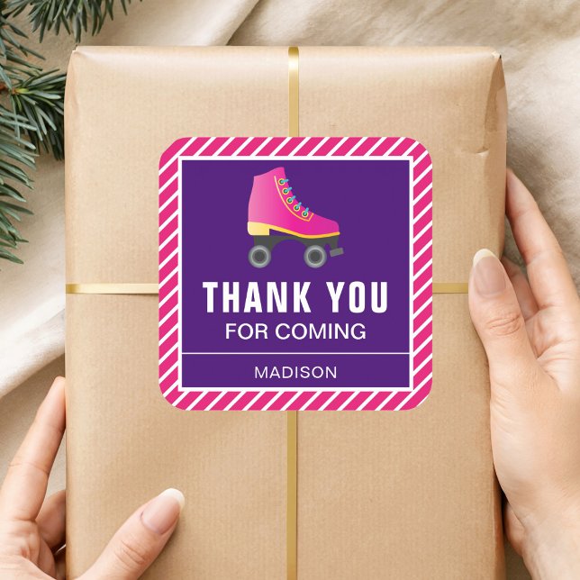 Pink Skate Roller Skating Birthday Party Favour Square Sticker (Creator Uploaded)