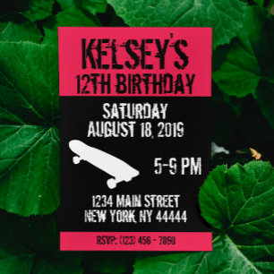 Pink Skateboard Birthday, Skate board, Girl Invitation