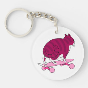 Pink Skateboarding Cat Funny and Bye Text Key Ring