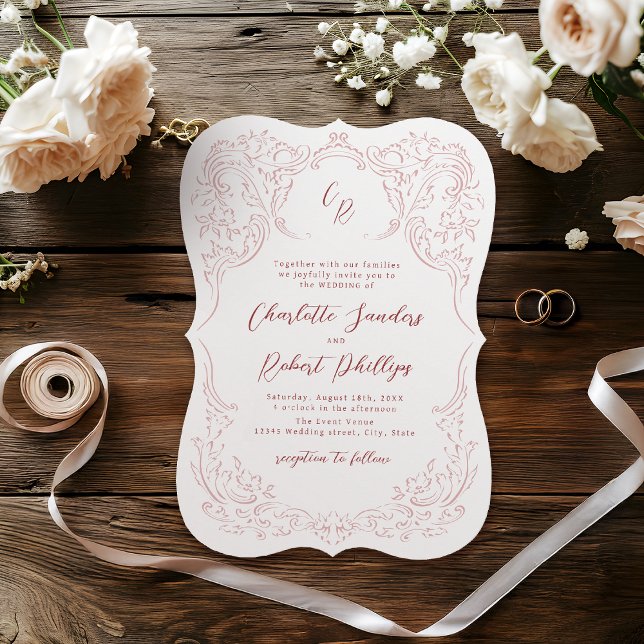 Pink Sketched Vintage Flourish Monogram Wedding Invitation (Pink Sketched Vintage Flourish Monogram Wedding Invitation)