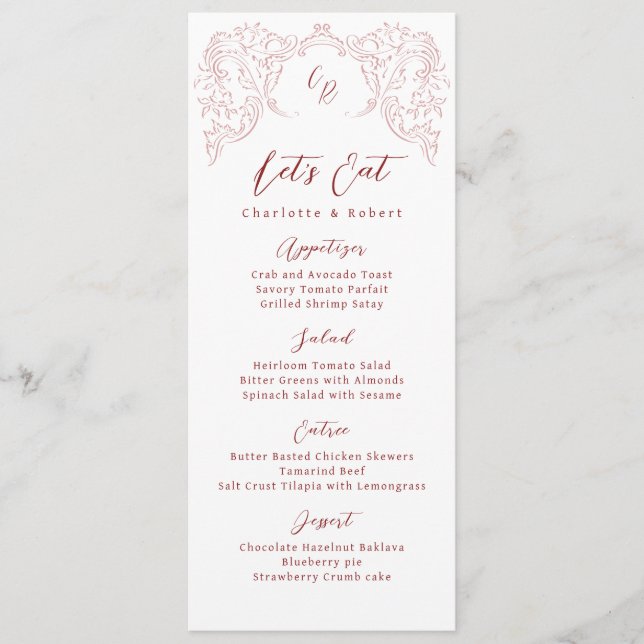 Pink Sketched Vintage Flourish Monogram Wedding Menu (Front)