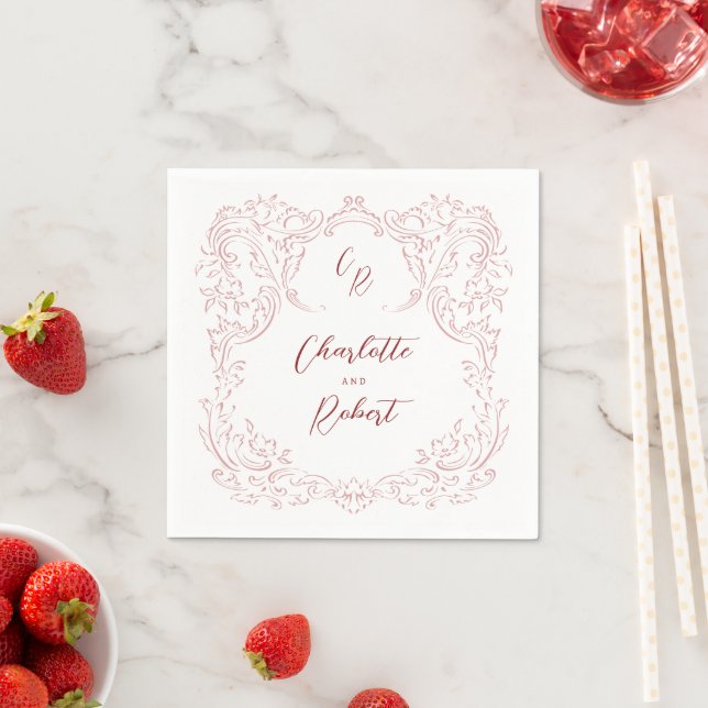 Pink Sketched Vintage Flourish Monogram Wedding Napkin (Insitu)