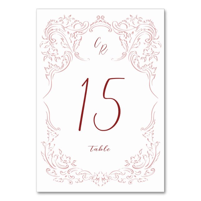 Pink Sketched Vintage Flourish Monogram Wedding Table Number (Front)