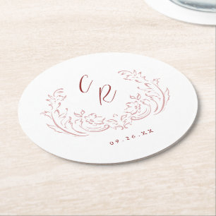 Pink Sketched Vintage Flourish Wedding Monogram Round Paper Coaster