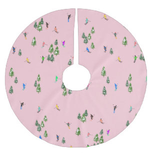 Pink Skiers Ski Opening Christmas Skiing Holiday   Brushed Polyester Tree Skirt
