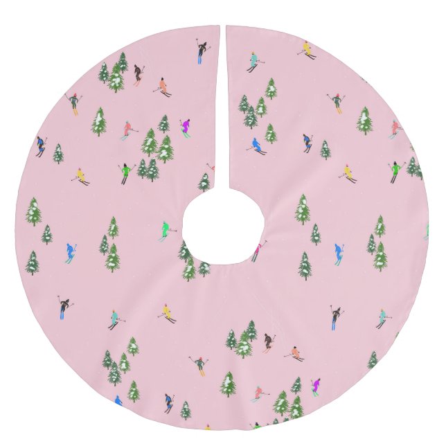 Pink Skiers Ski Opening Christmas Skiing Holiday   Brushed Polyester Tree Skirt (Front)