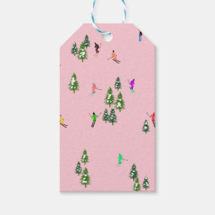 Pink Skiers Ski Opening Christmas Skiing Holiday Gift Tags