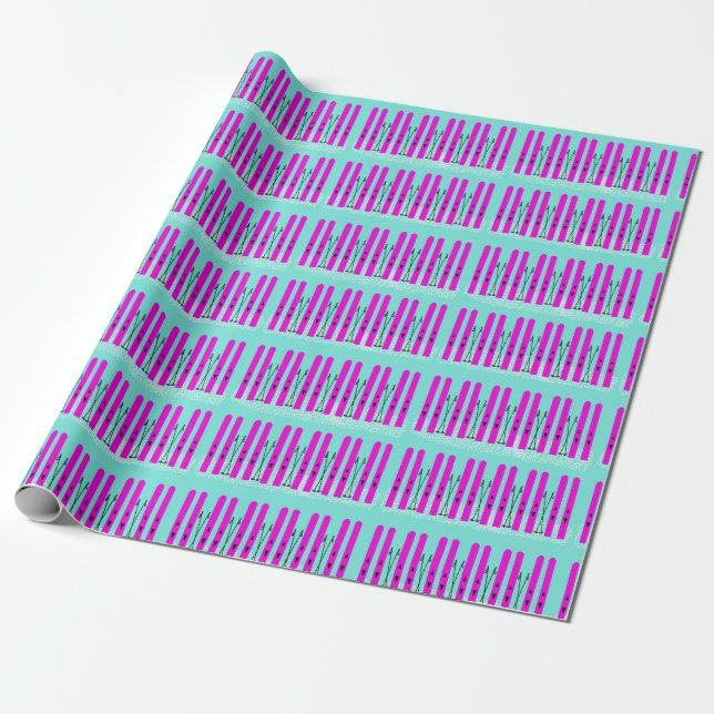 Pink skis on blue wrapping paper (Unrolled)