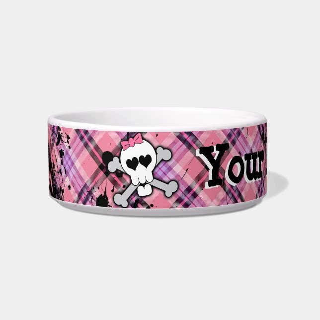 Pink Skull and Crossbones Custom Girl Pet Dog Bowl (Left)