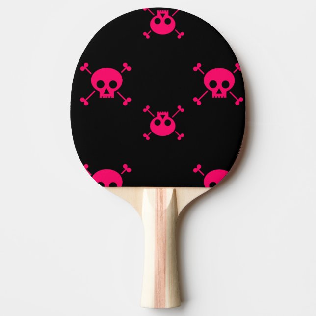 Pink skull and crossbones on black ping pong paddle (Front)